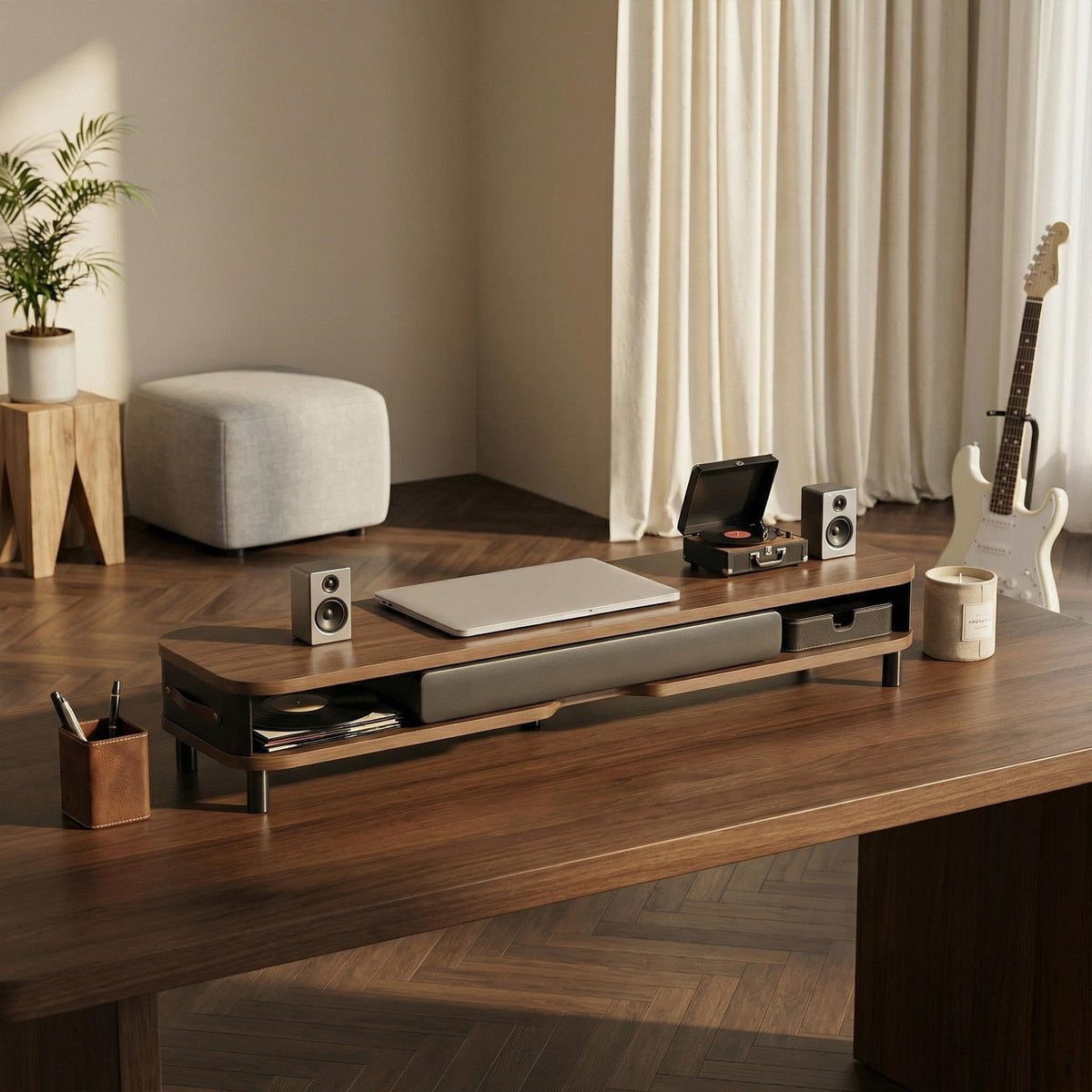 Fenge Dual Monitor Stand with Large Storage Drawer, 42.5" Desk Shelf, Brown
