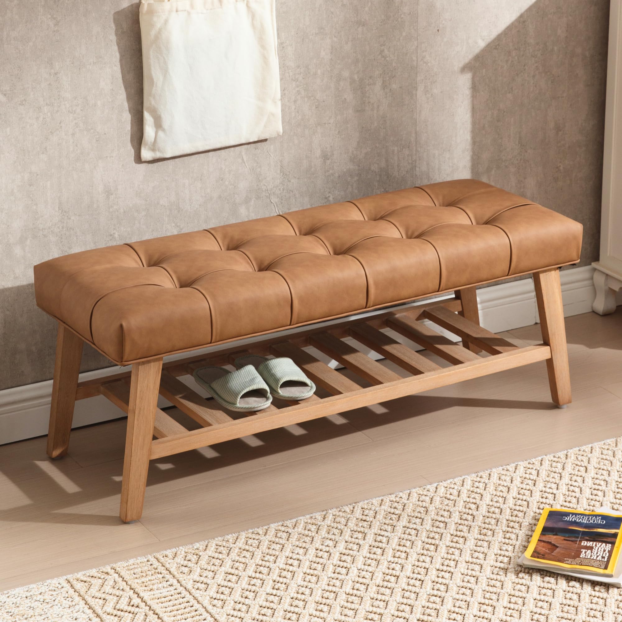 Janoray Entryway Shoe Bench Storage Benches with Upholstered Button Tufted Seat and Open Slatted Shelf PU Leather Ottoman Bench for Hallway Living Room Bedroom End of Bed, Brown