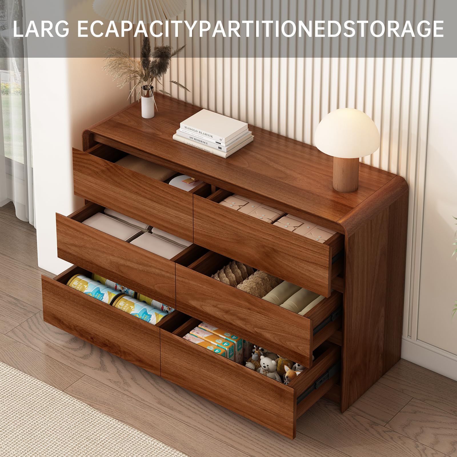 Lazeamo Modern 6 Drawer Dresser Storage Cabinet for Bedroom, Living Room, 47-Inch Wood Chest of Drawers, Curved Anti-Collision Design, Natural Texture.(Walnut)