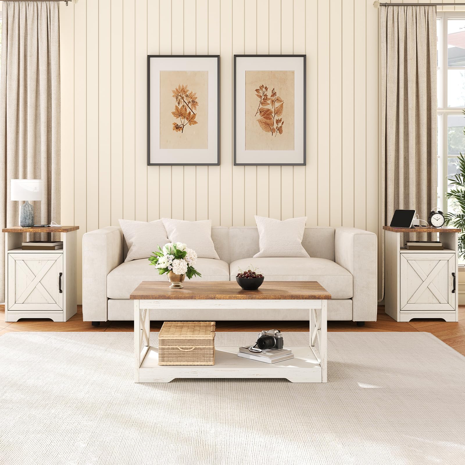 Farmhouse 3-Piece Coffee Table Set with Charging Station