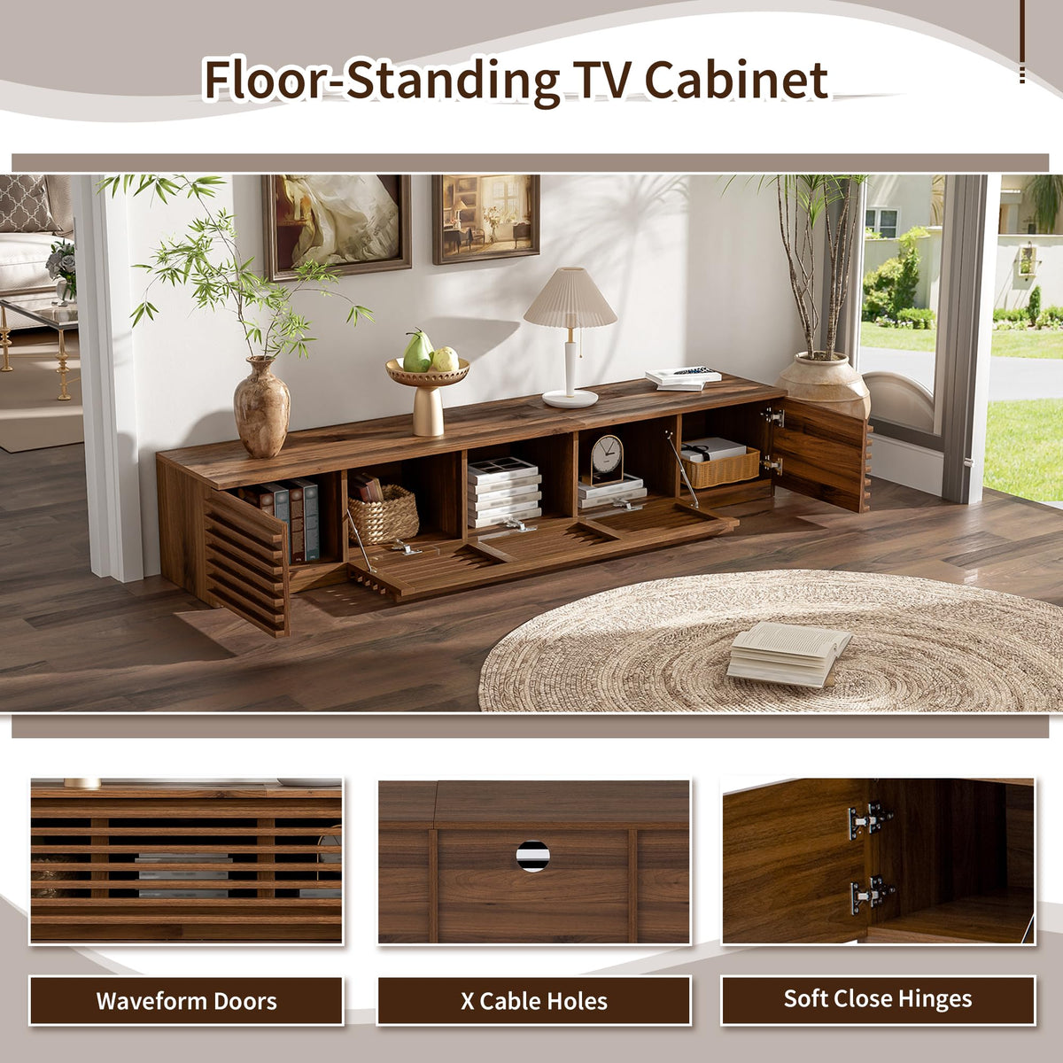 Marzzi 70" Walnut TV Stand with Slatted Doors for TVs Up to 80"