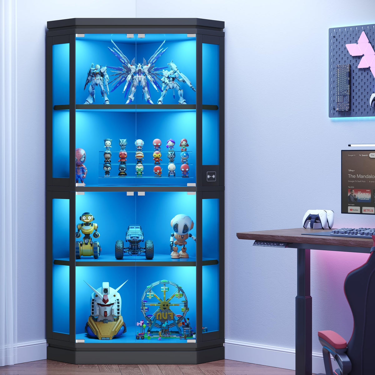 Jocoevol 67" Tall Corner Glass Display Cabinet with Multi-Color RGB Lights