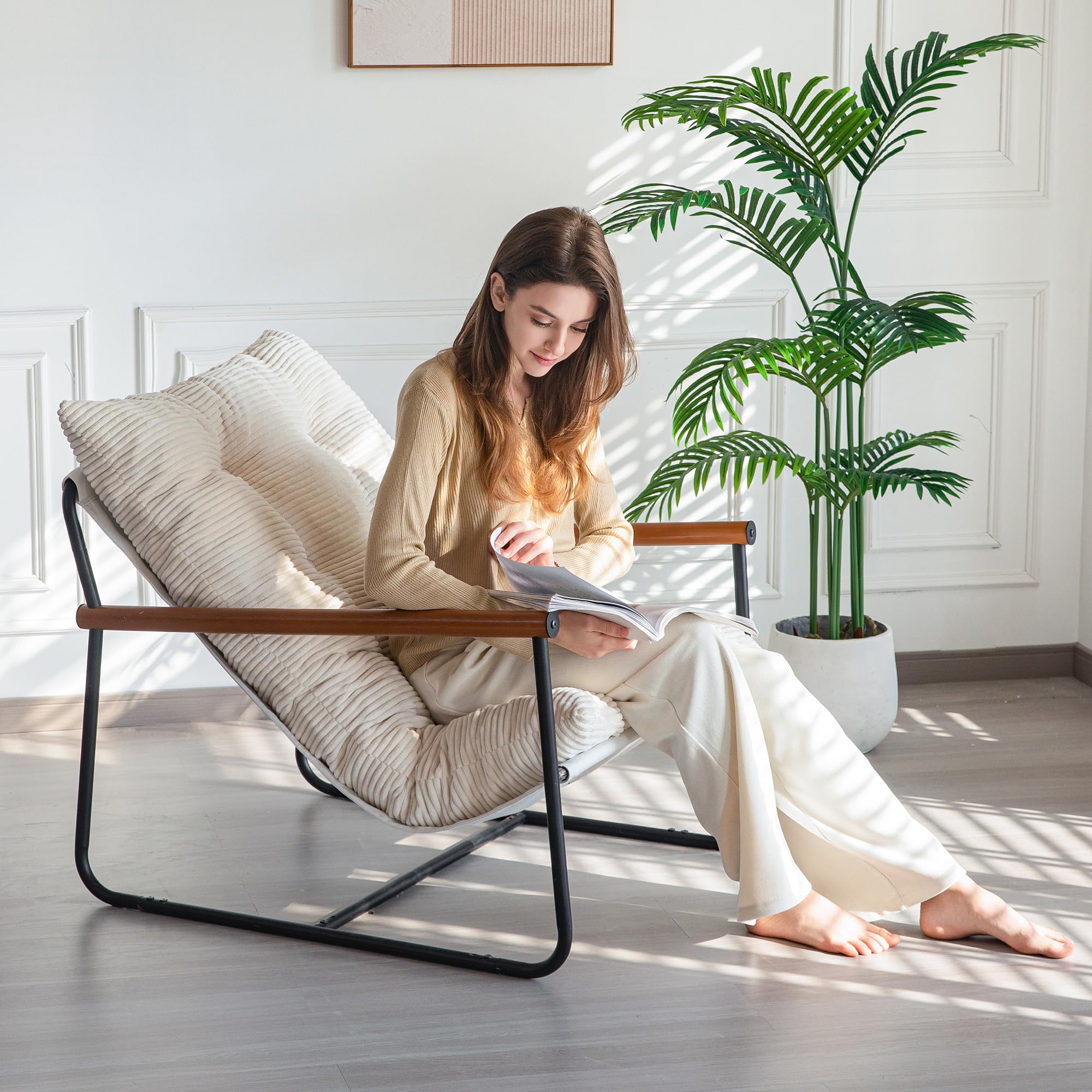 Tufted Accent Armchair with Metal Frame & Wooden Armrests