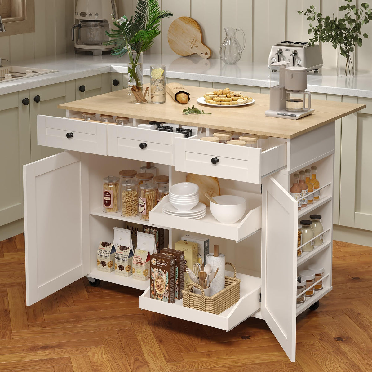 GarveeHome Rolling Kitchen Island with Drop Leaf Countertop, Charging Station & Ample Storage - 47.2 in Mobile Kitchen Cart On Wheels with Pull-Out Shelves, Drawers, Spice Rack & Organizer Divider