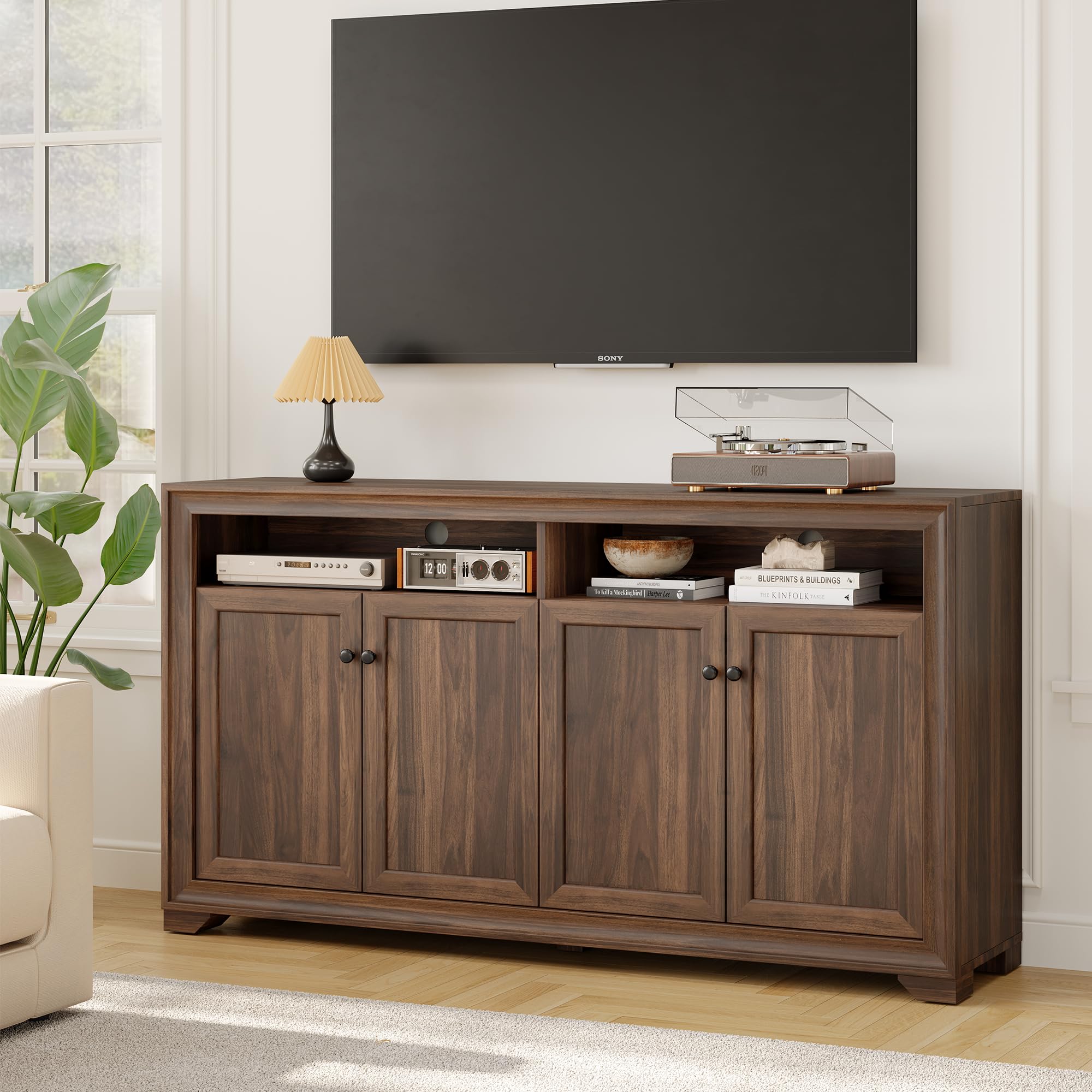 ONBRILL 60 Inches Sideboard Buffet Cabinet with Storage, 4 Doors Large Sideboard, Kitchen Cabinet with Open Shelf & Adjustable Shelf, Kitchen Coffee Bar Console Table for Living Room, Hallway, Brown