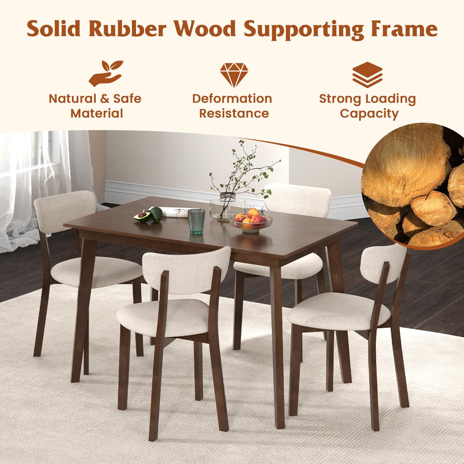 5-Piece Farmhouse Dining Table Set with 4 Upholstered Chairs