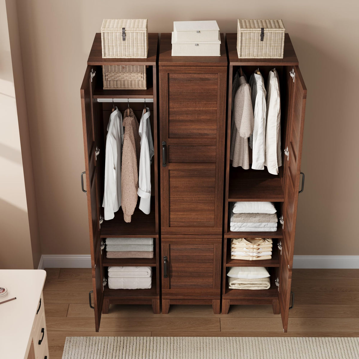 GarveeHome Armoire Wardrobe Closet with 2 Doors, Wooden Wardrobe Cabinet with Hanging Rod, 72 in Narrow Tall Clothing Armoire Cabinet with 18 Adjustable Shelves for Clothes, Bedroom, Walnut