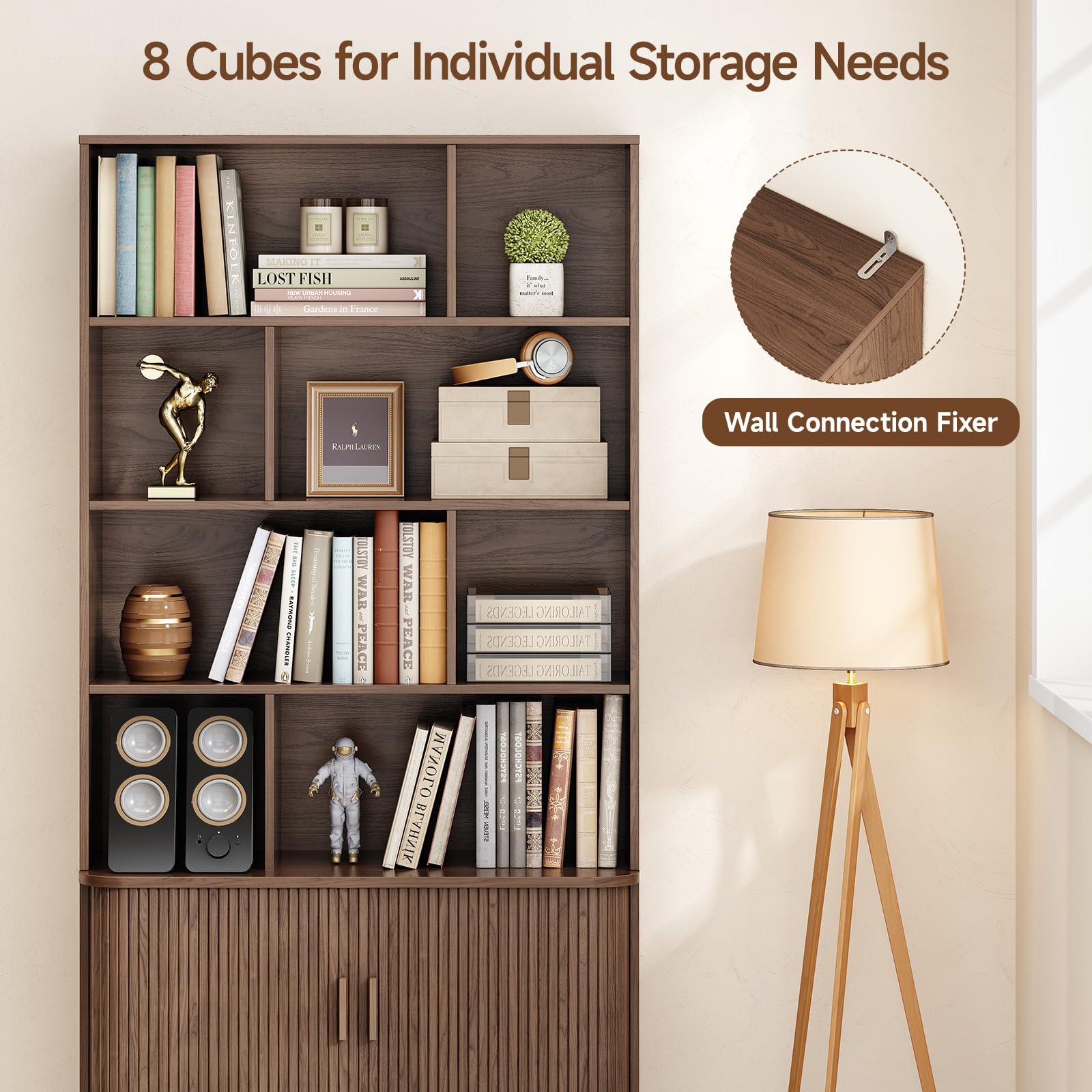 ONBRILL 71" Tall 8-Cube Storage Bookshelf, 35.4" Wide Mid-Century Modern Bookcase with Sliding Door Storage Cabinet, Freestanding Bookshelf with Solid Wood Feet, for Home Office, Living Room, Walnut