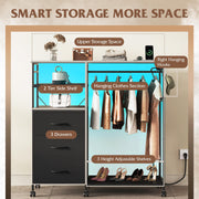 WLIVE Black Dresser with Hanging Rack for Bedroom, 3 Drawer Dresser with LED Lights & Charging Station, Fabric Dressers & Chest of Drawers, Storage Organizer with Open Shelves for Living Room