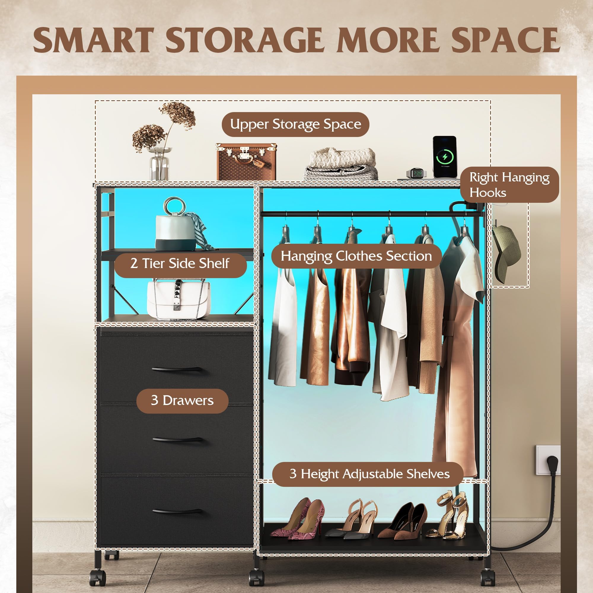 WLIVE Black Dresser with Hanging Rack for Bedroom, 3 Drawer Dresser with LED Lights & Charging Station, Fabric Dressers & Chest of Drawers, Storage Organizer with Open Shelves for Living Room