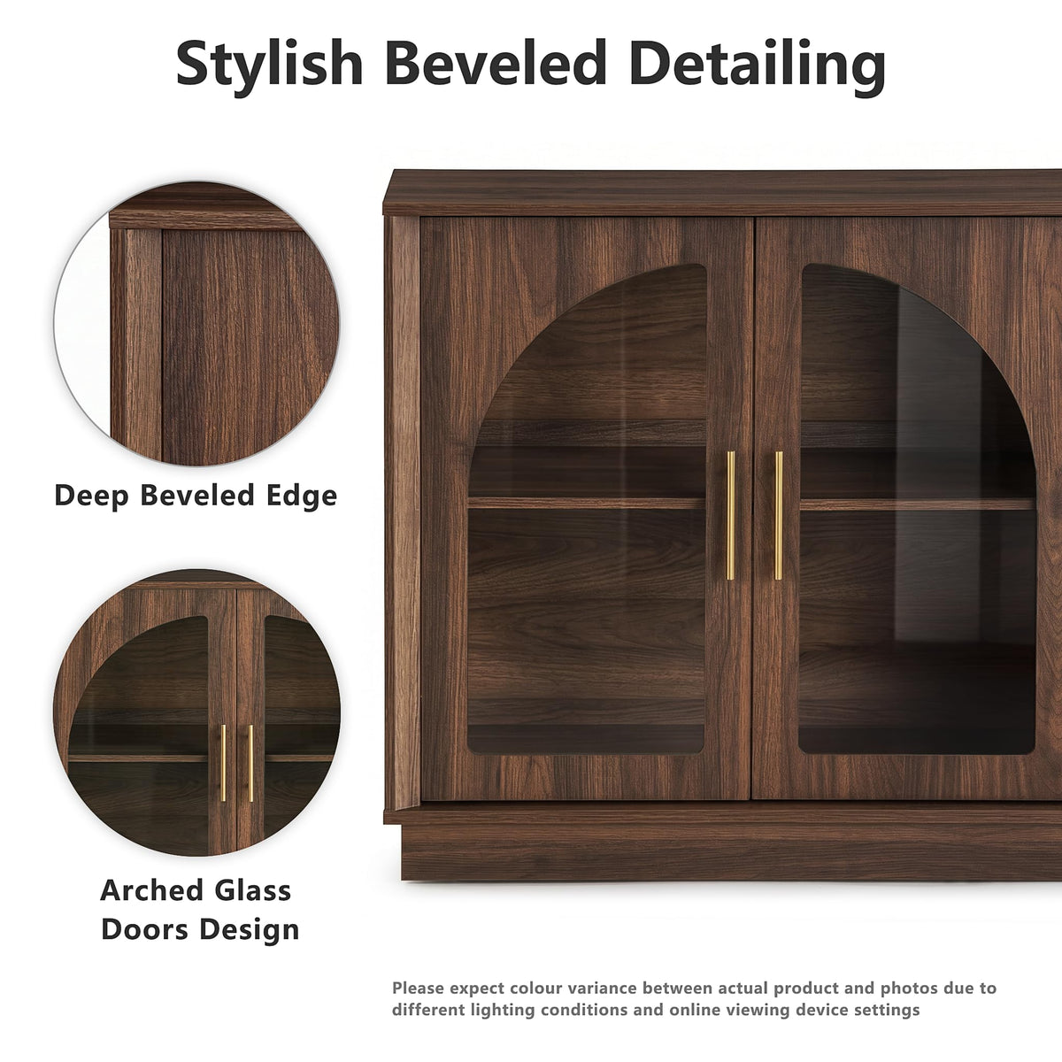 FORTUNETEC 64" Sideboard Buffet Cabinet with Arched Glass Doors,Dark Walnut