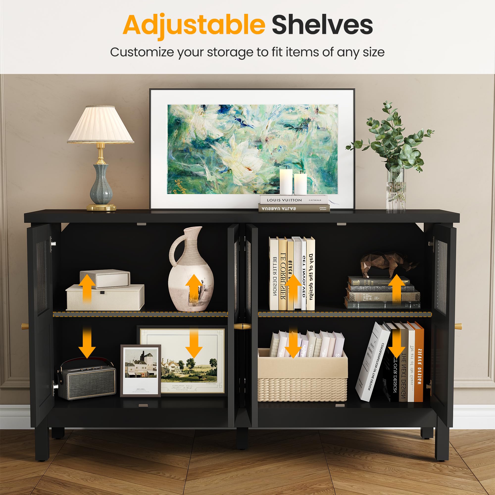 RoyalCraft Buffet Cabinet with Storage, Modern Sideboard with 4 Acrylic Doors & Adjustable Shelves, Wood Credenza Accent Coffee Bar Table for Kitchen, Dining Room, Living Room, Entryway, Black