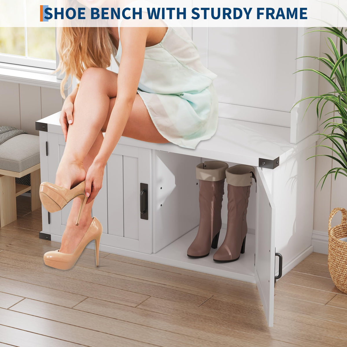 White Farmhouse Hall Tree with Shoe Storage