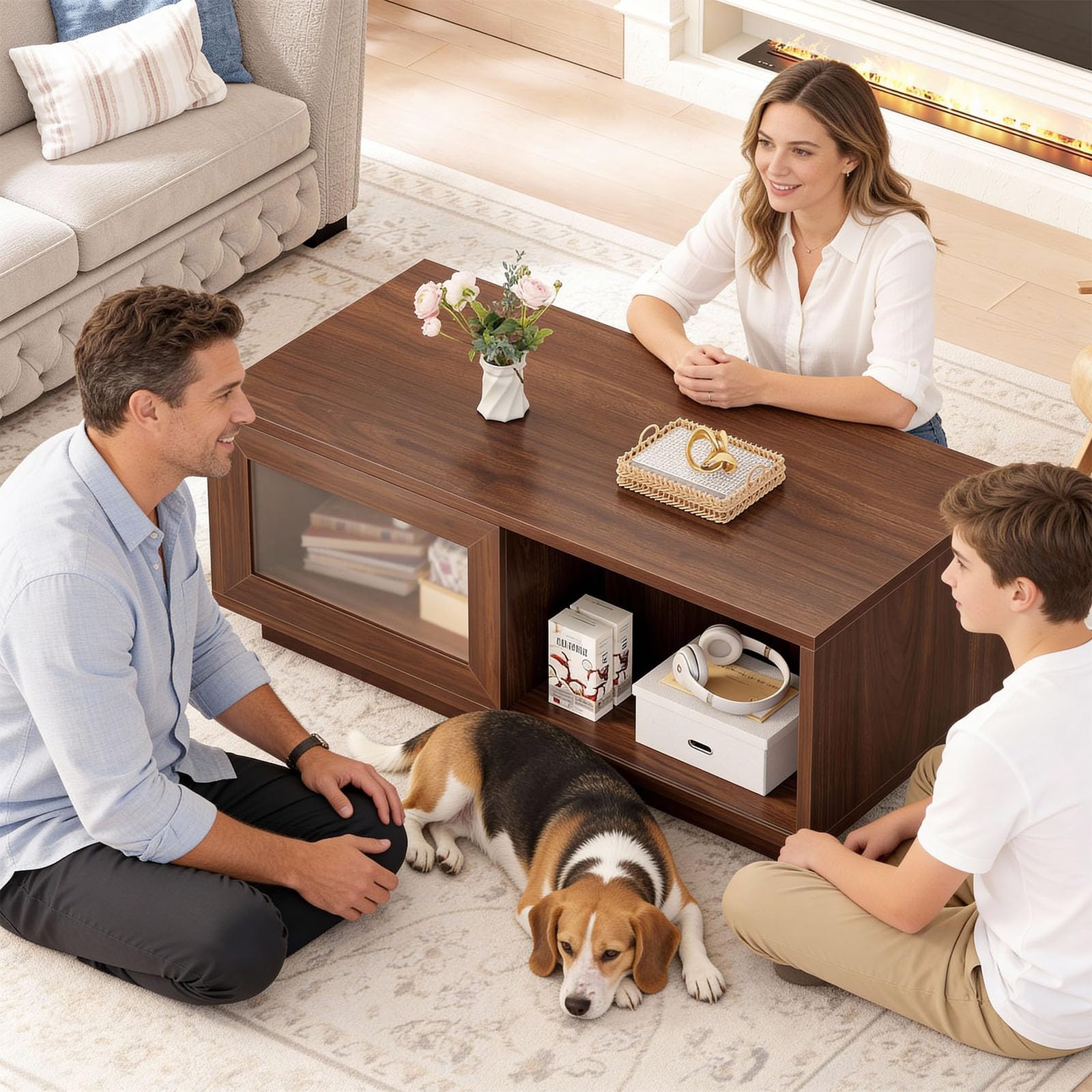 HSH Walnut Coffee Table for Living Room, 47 Inch Modern Wood Rectangle Coffee Tables with Sliding Door and Storage Open Shelf, Large Low Center Table for Home Decor