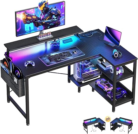 ODK 58 Inch Gaming Desk with USB Charging Ports and LED Lights, Reversible L Shaped Computer Desk with Storage Shelves & Monitor Stand, Corner Gamer Desk Table with Power Outlets, Black