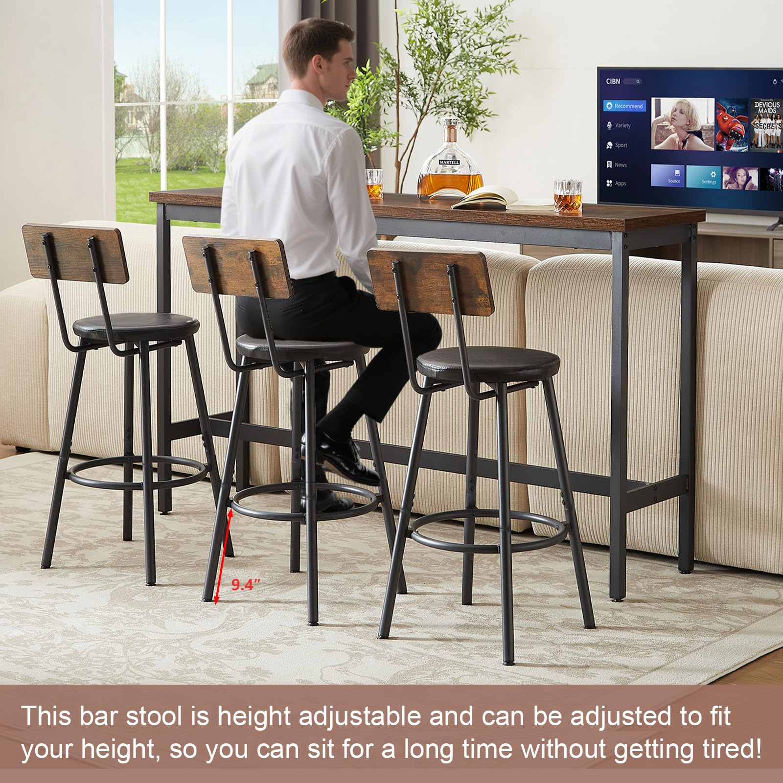 Cudalw Bar Table and Chairs Set for 3, 63" L Rectangle Sofa Table with 3 PU Upholstered Stools, 4 Piece Industrial Counter Height Dining Table Set for Living Room Kitchen Restaurant, Brown