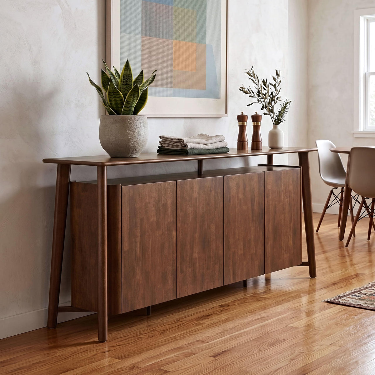 Furniture of America Nazaen IV Mid-Century Modern Solid Wood 82.5-inch Sideboard Buffet Cabinet with Hidden Drawers, Credenzas for Living Room, Dining Room, Office, Rich Walnut