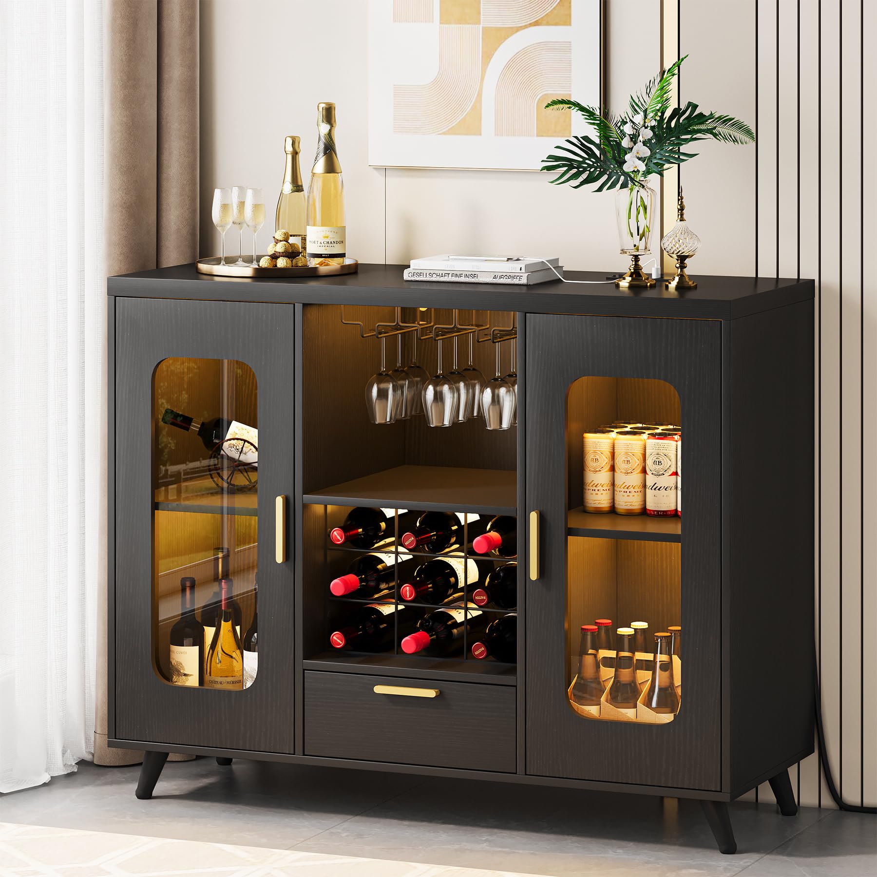 Condemo Bar Cabinet with Power Outlets, Modern Coffee Bar Sideboard with LED Light, Farmhouse Liquor Cabinet with Wine Rack, Glass Holder & Wine Storage, Black
