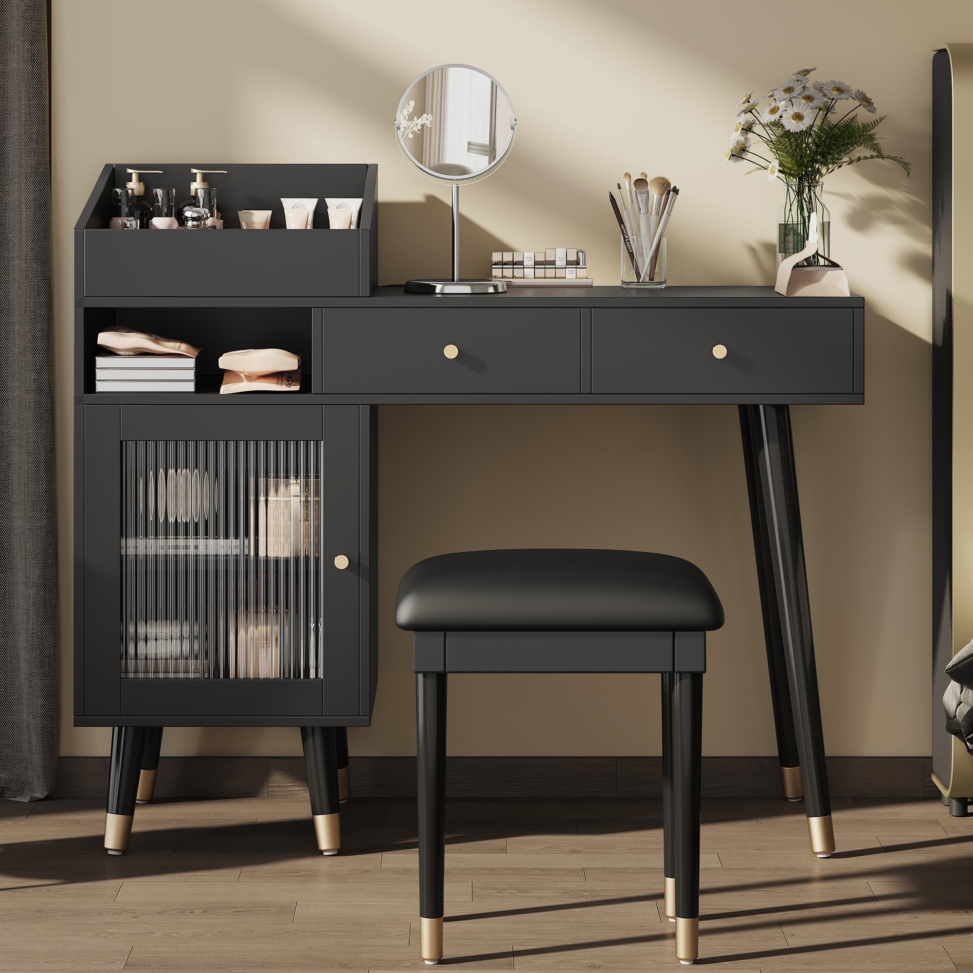 Merax 44" Vanity Desk No Mirror, Modern Black Makeup Vanity Set with Stool and Power Outlet, Writing Desk Dressing Table with 4 Cubby Divided Storage, 2 Drawers & Cabinet for Bedroom Office Dorm