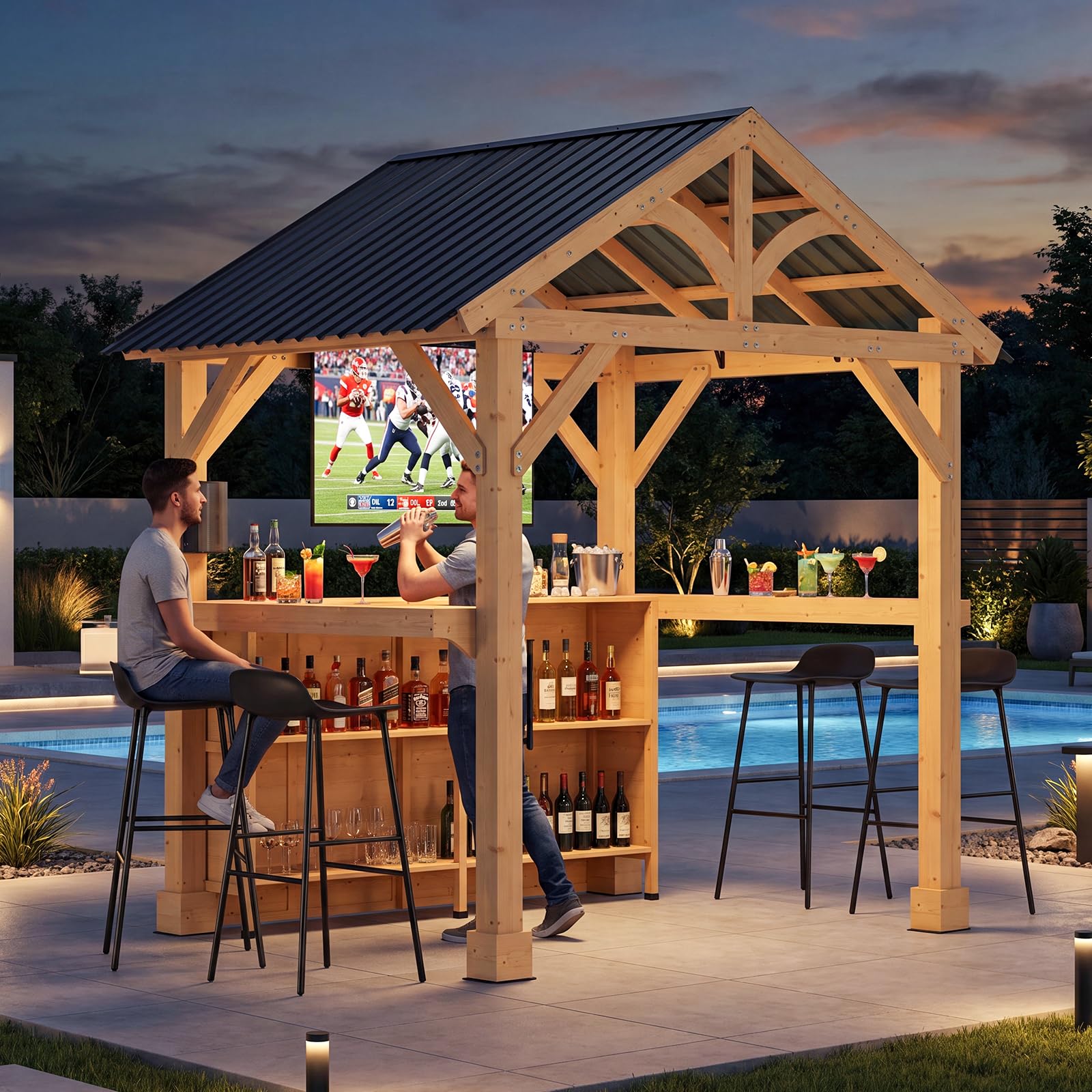 SUNBURY Shade Grill Gazebo, Outdoor Wood Bar Pavilion with Storage Shelves, Patio Bar Counter with Hardtop Galvanized Steel Roof, Backyard Entertaining Station for BBQ, Pool Party, Garden Deck