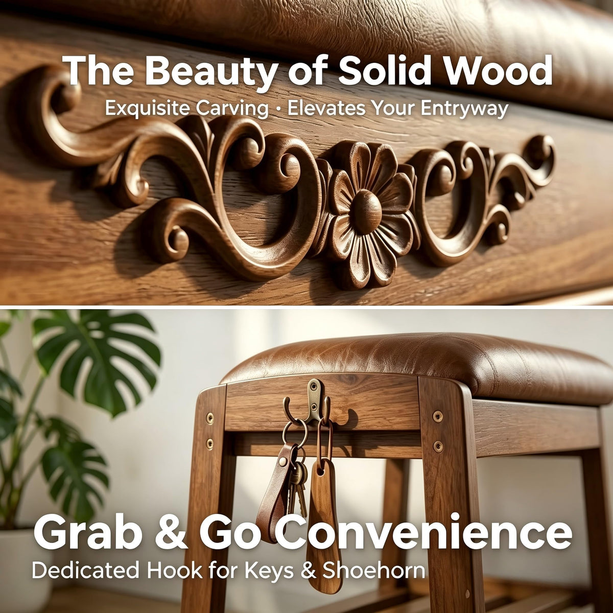 Solid Wood Shoe Rack Bench with Flip-Top Storage Padded Leather Seat 31.5''