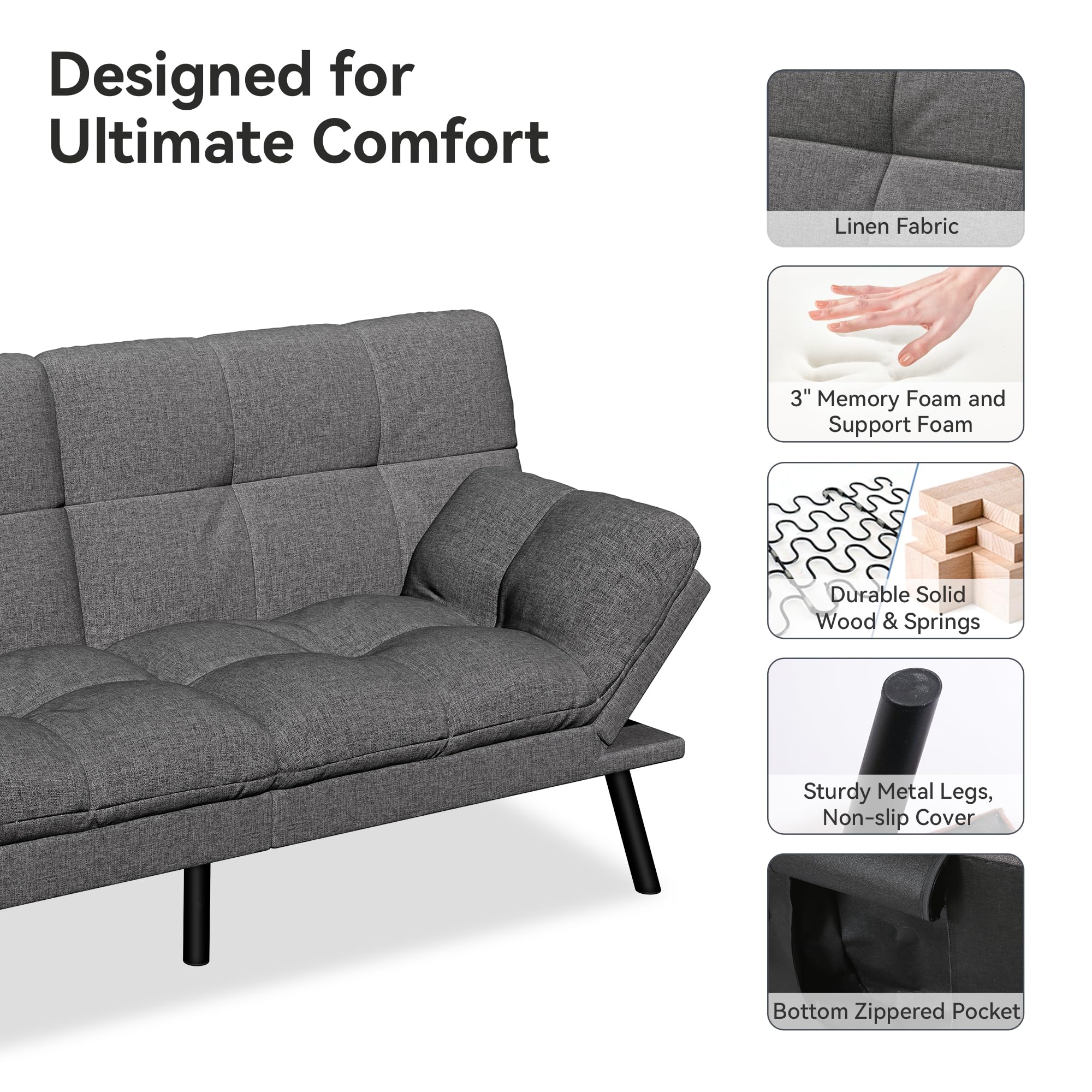 Convertible Futon Sofa Bed with Adjustable Backrest & Armrest