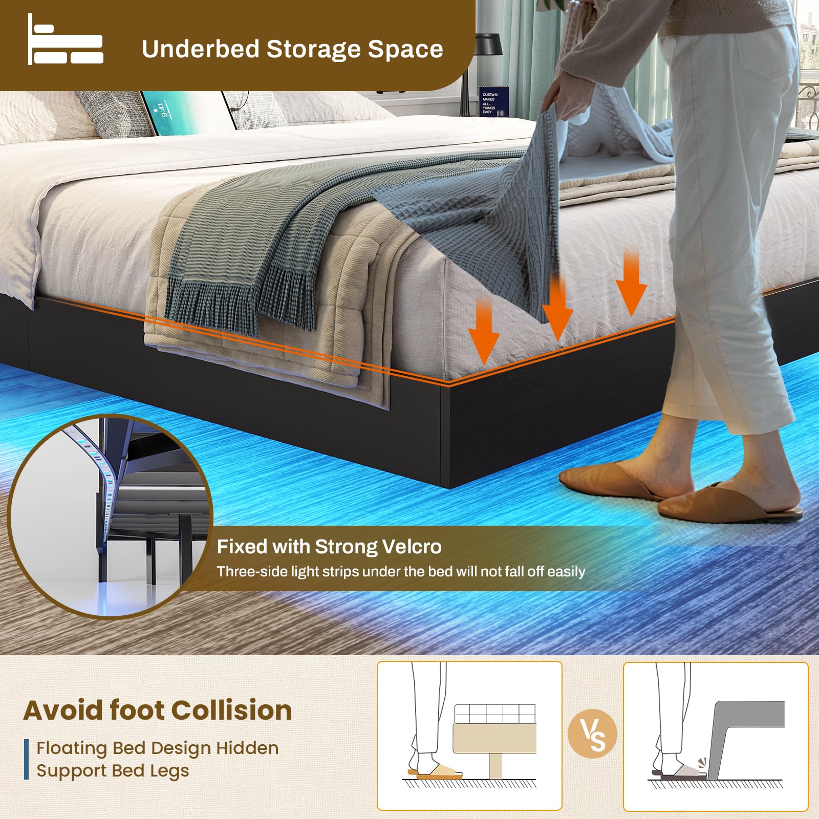 DICTAC Queen Floating Bed Frame with LED Lights and Storage Headboard, Visual Floating Bed with Charing Station, Queen Size Metal Platform Bed with Stable Structure, No Box Spring Need, Easy Assembly
