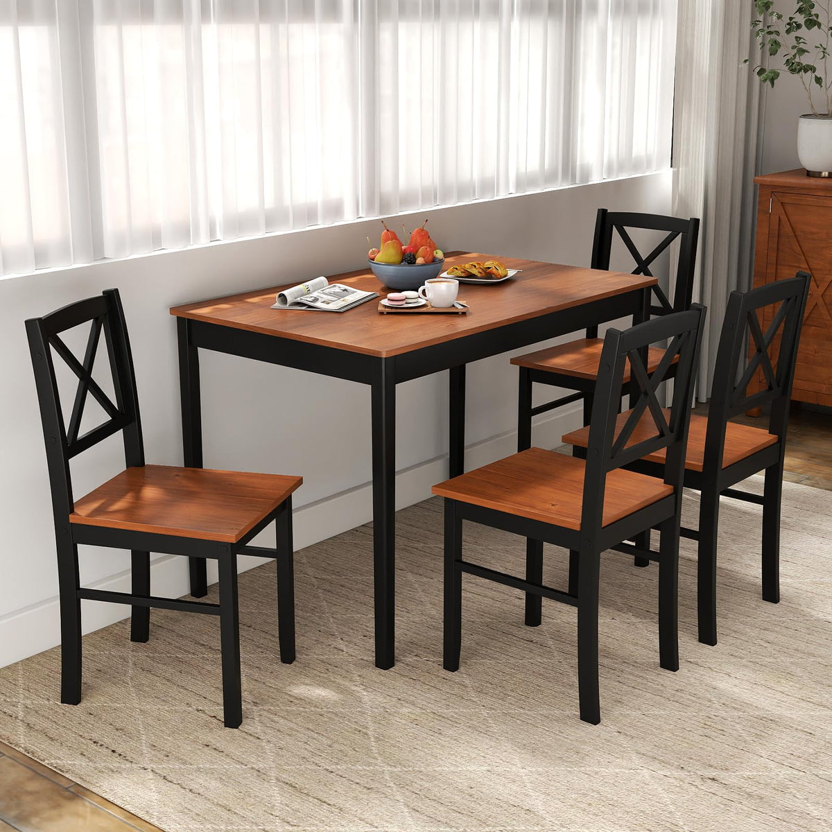 GIANTEX 5-Piece Dining Table Set for 4, Rectangular Kitchen Table & 4 Chairs with Rubber Wood Legs, Cross Backrest, Space-Saving Mid Century Modern Dinette Set for Dining Room, Breakfast Nook, Dinner