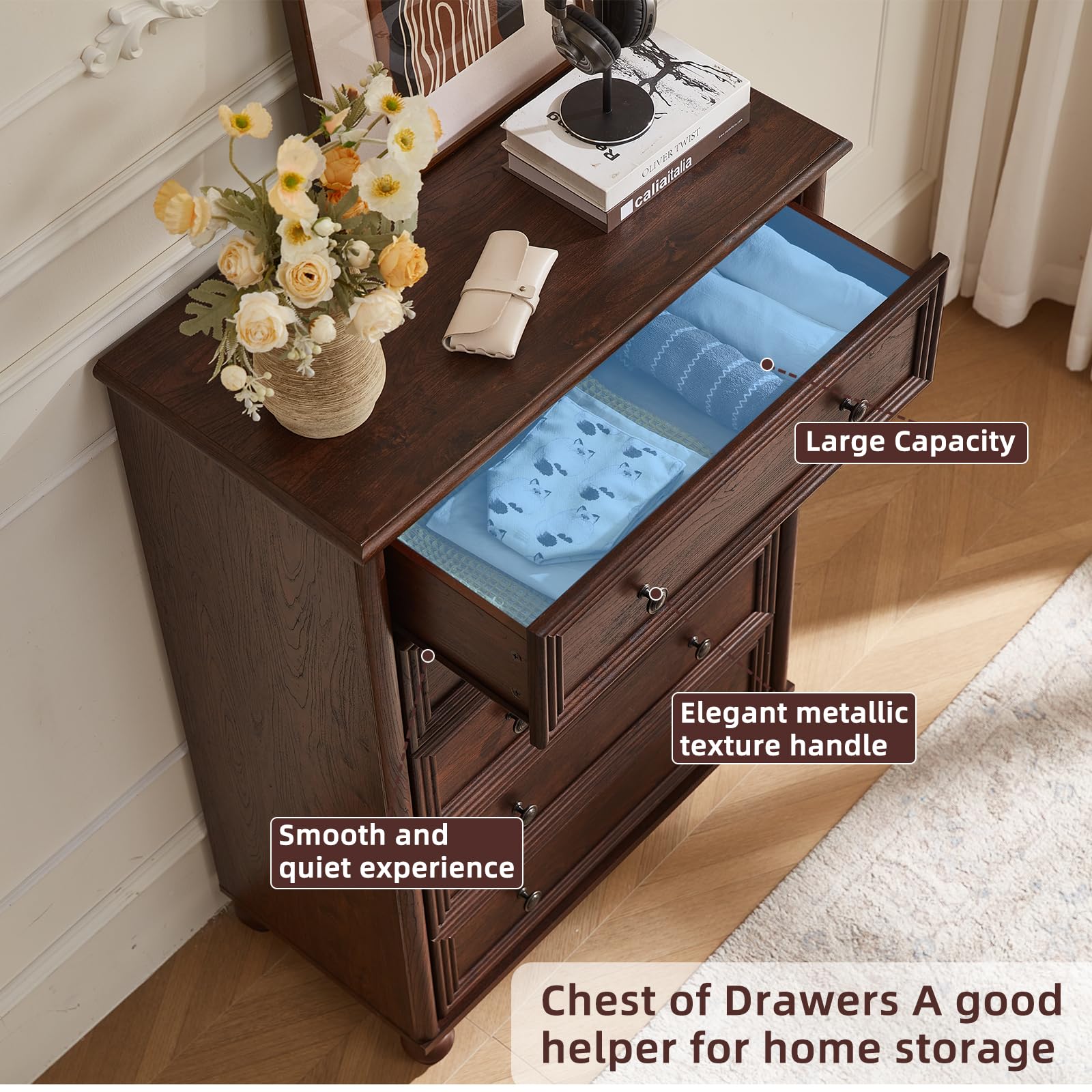 Farmhouse 5-Drawer Tall Dresser with Metal Handles
