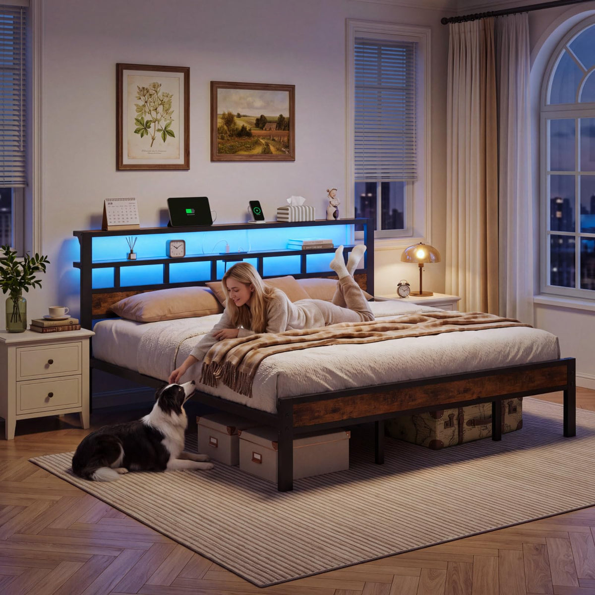 Insdiy King Bed Frame with Charging Station and LED, Metal Platform Bed