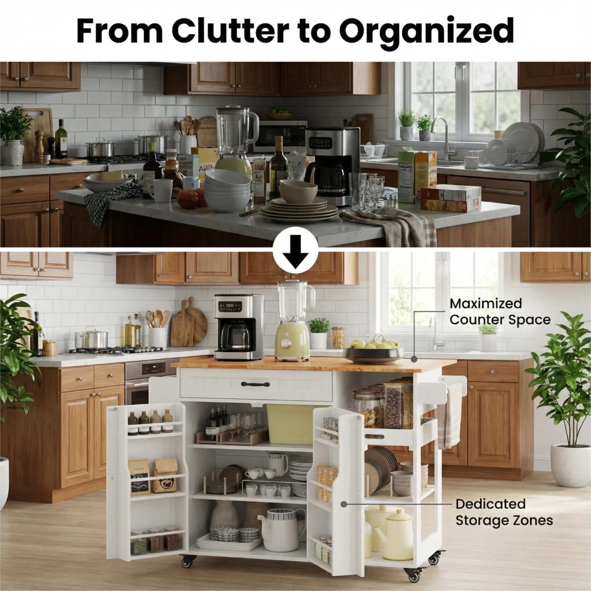Gizoon Update Kitchen Island, 41.7" W Kitchen Island with Storage, Rolling Island Table on 5 Wheels, with Drop Leaf, Refrigerator Door, Adjustable Shelf, Spice/Towel Rack, Removable Tray, White