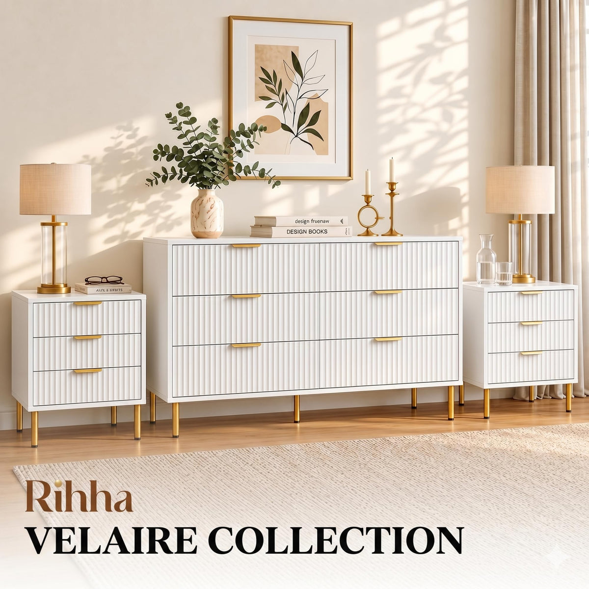 3-Piece Fluted Dresser and Nightstand Set, White and Gold
