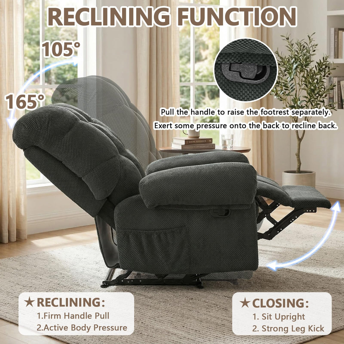 Dark Grey Small Recliner Chair for Small Spaces, Corduroy RV Recliner with Side Pockets, Reclining Chairs for Adults, Modern Manual Recliners for Living Room Bedroom (Dark Grey)