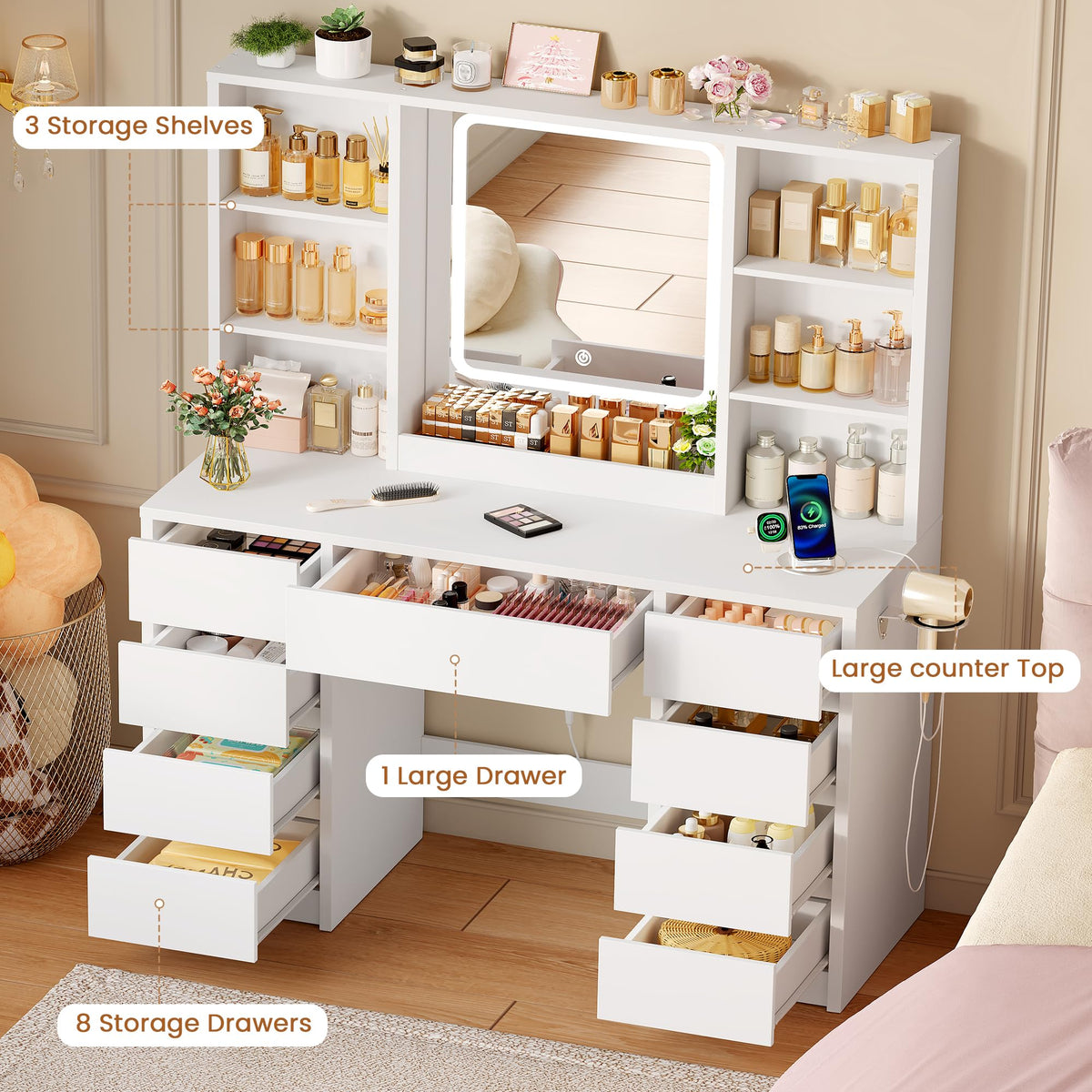 White 9-Drawer LED Makeup Vanity