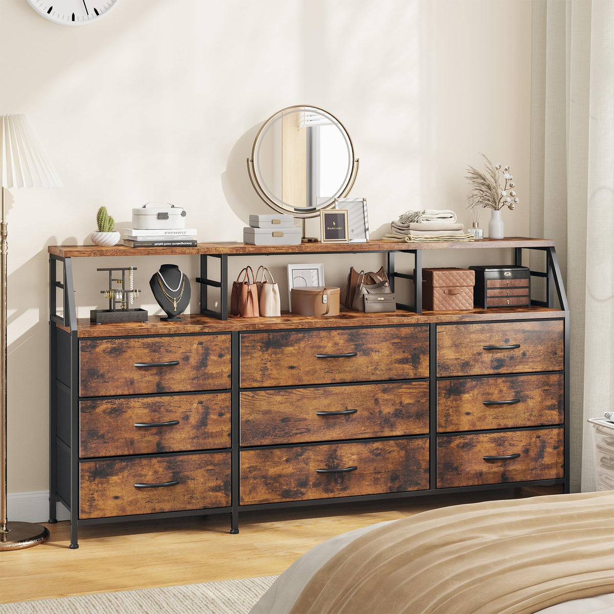 9-Drawer Fabric Dresser with Display Shelf