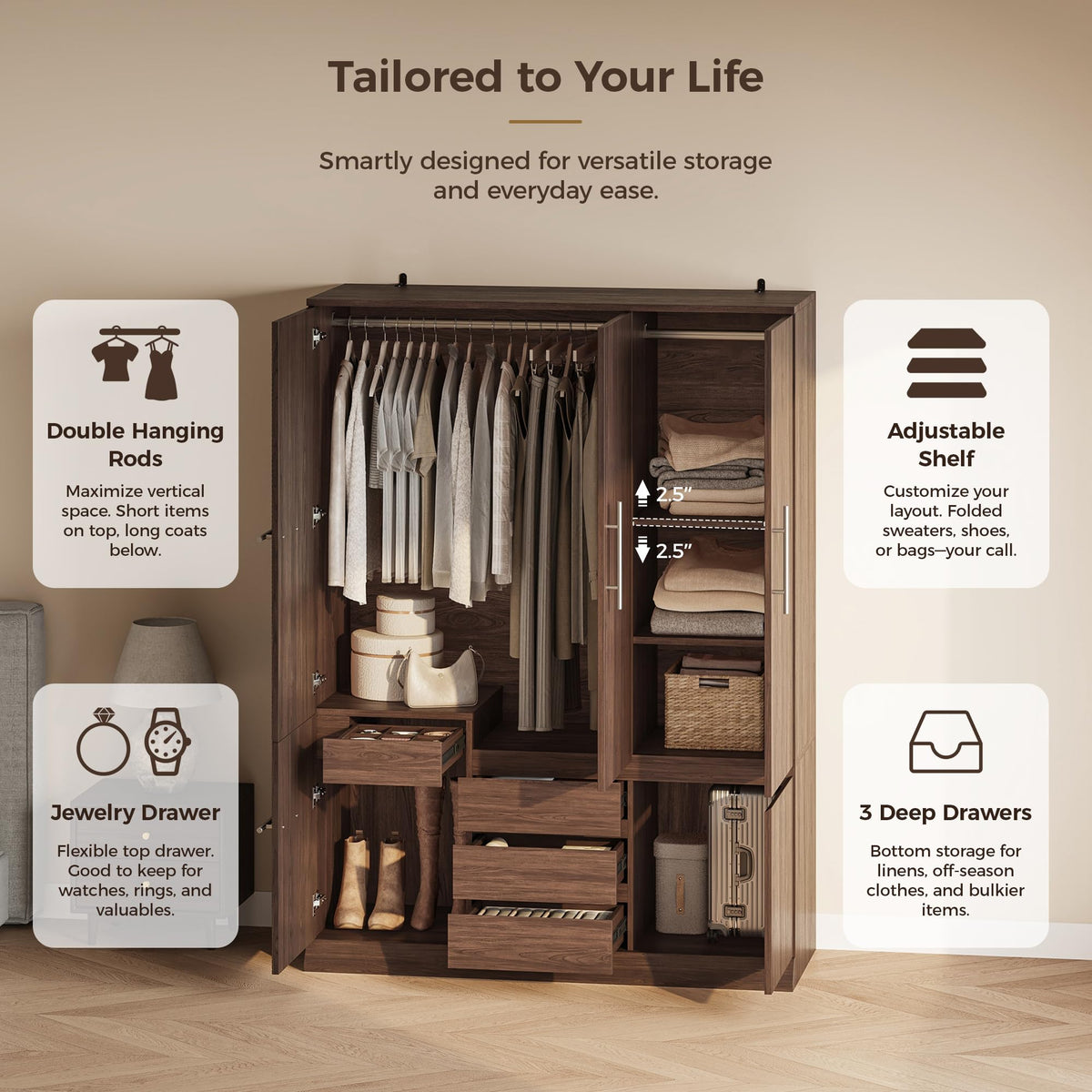 Walnut 5-Door Wardrobe Armoire