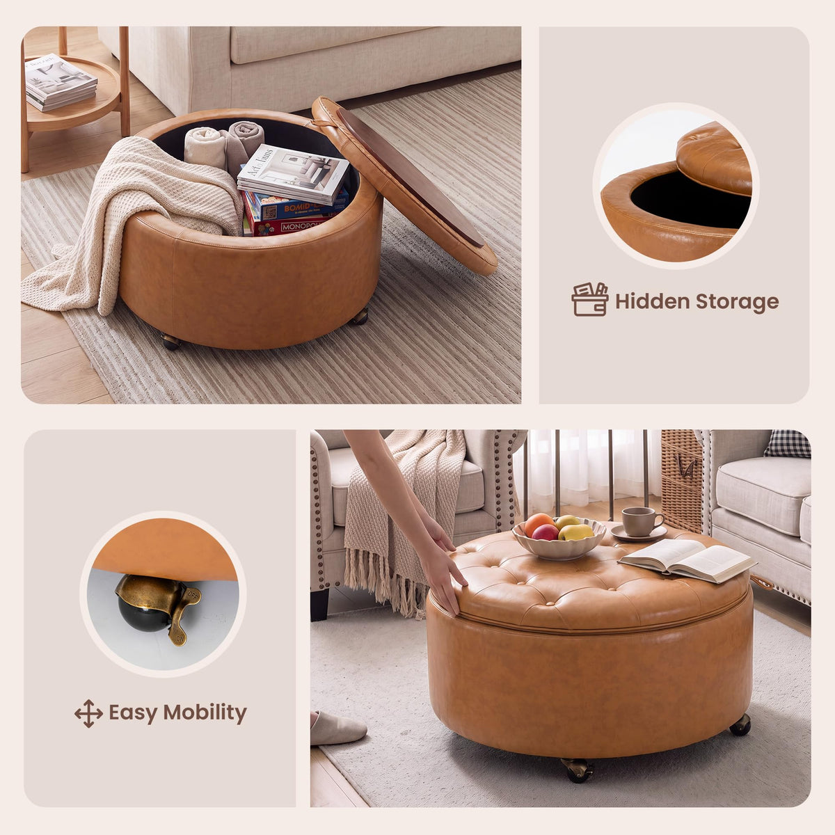 SUNBURY 29" Round Storage Ottoman, Reversible Tray, Cognac
