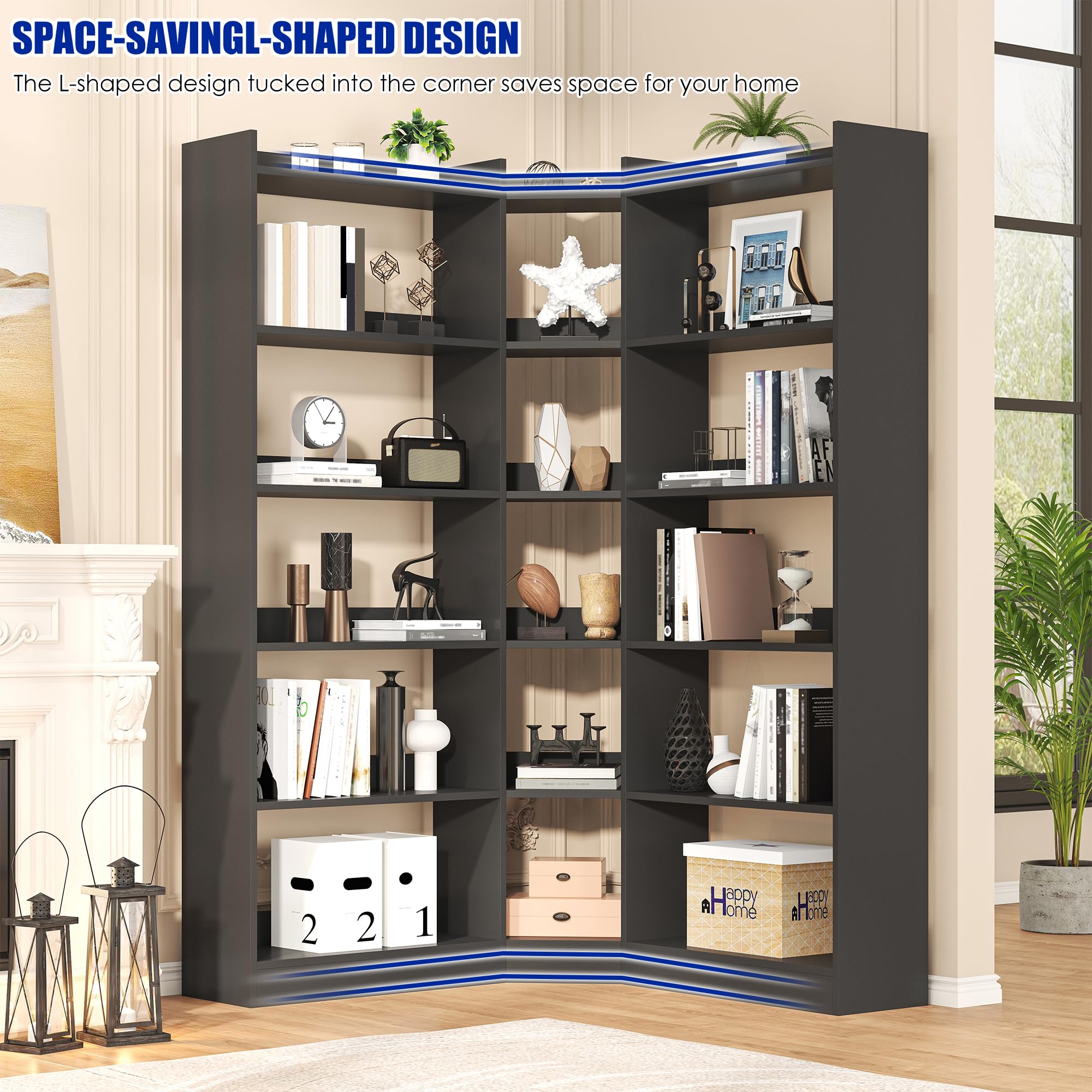 7-Tier L-Shaped Corner Bookshelf with Anti-Fall Baffles – 63.1" Tall
