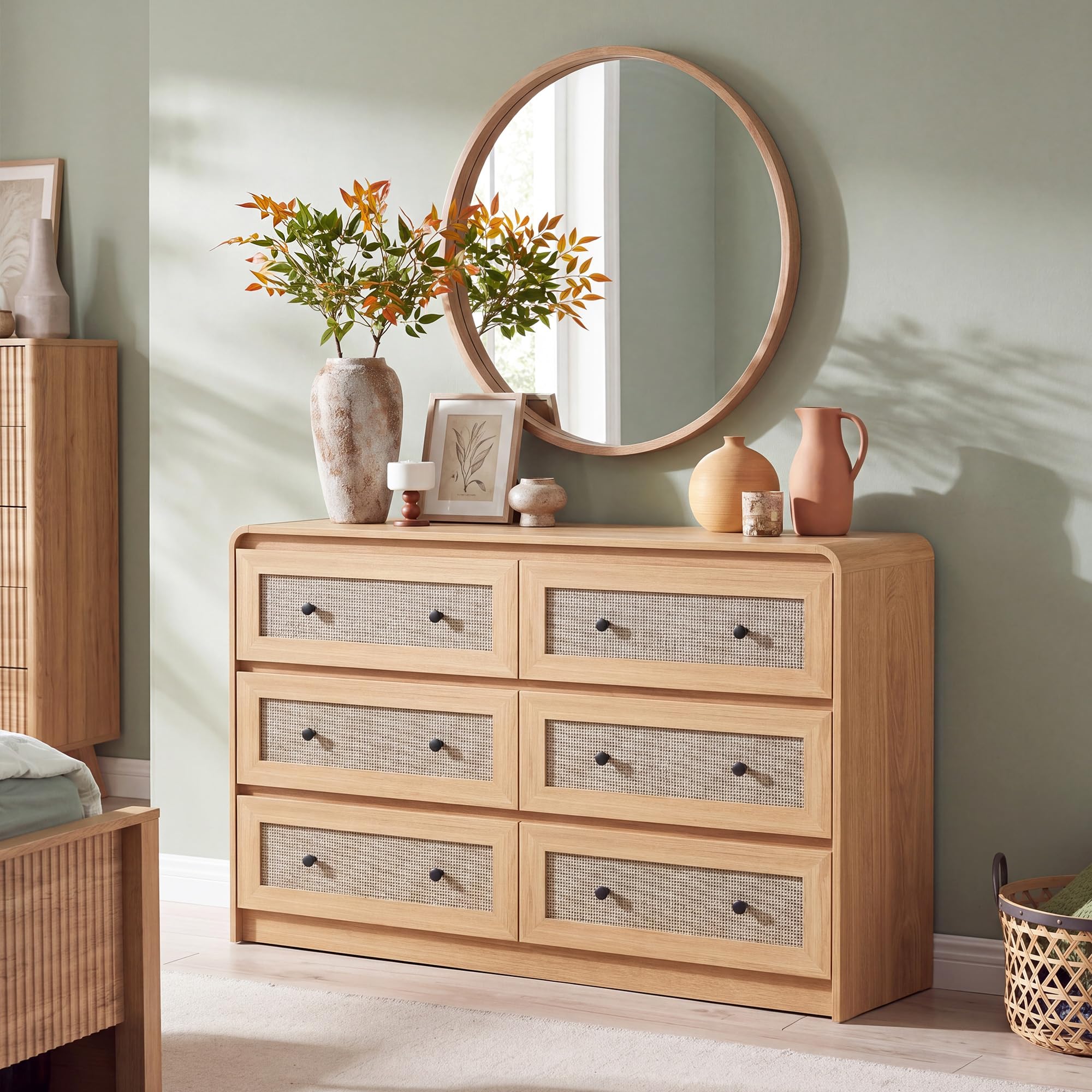 Seang Rattan 6 Drawer Dresser for Bedroom,47" Boho Chest of Drawers with Curved Profile Design,Wooden Dresser with Storage for Bedroom,Living Room,Natural
