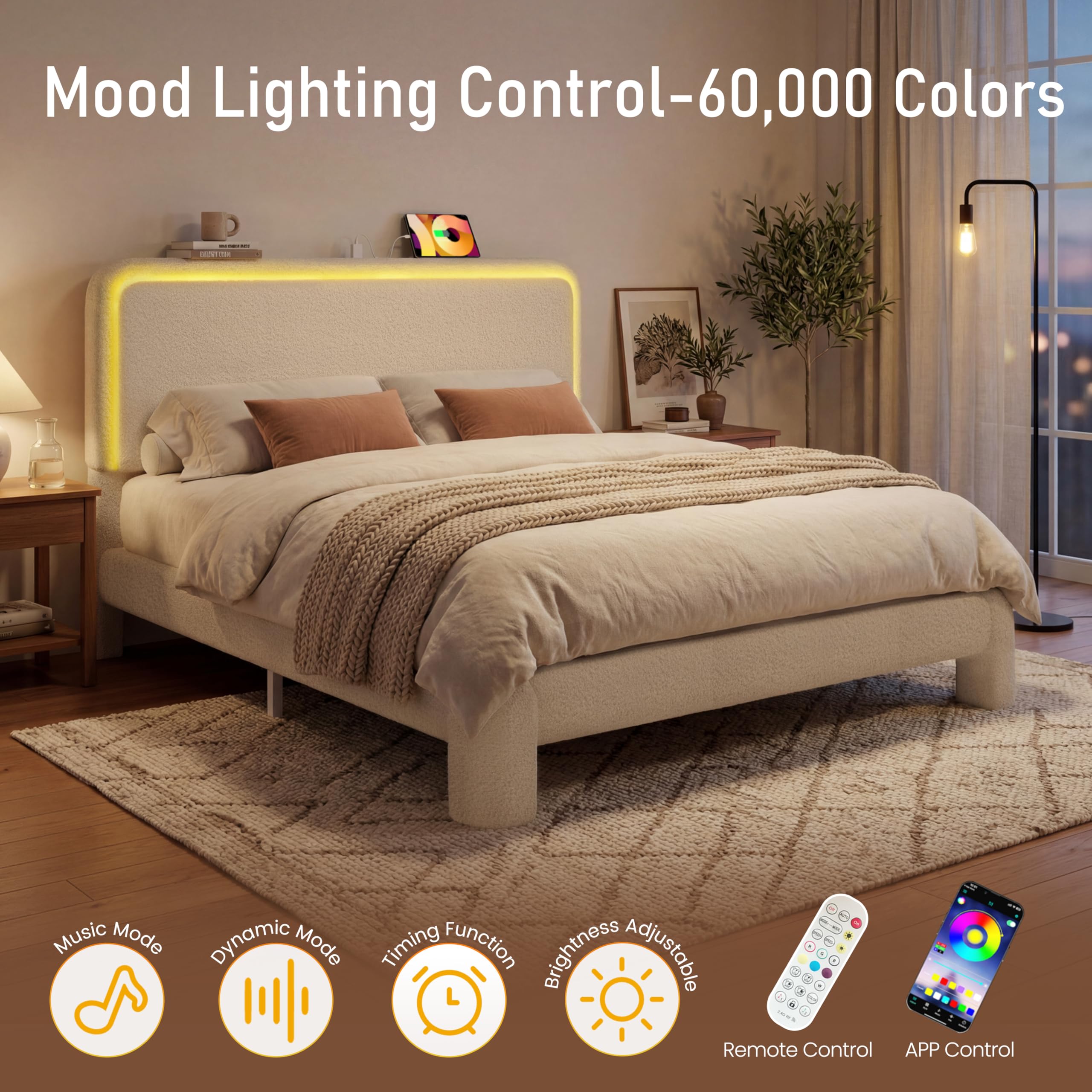 Queen Boucle Upholstered Bed Frame with Charging Station & LED Light