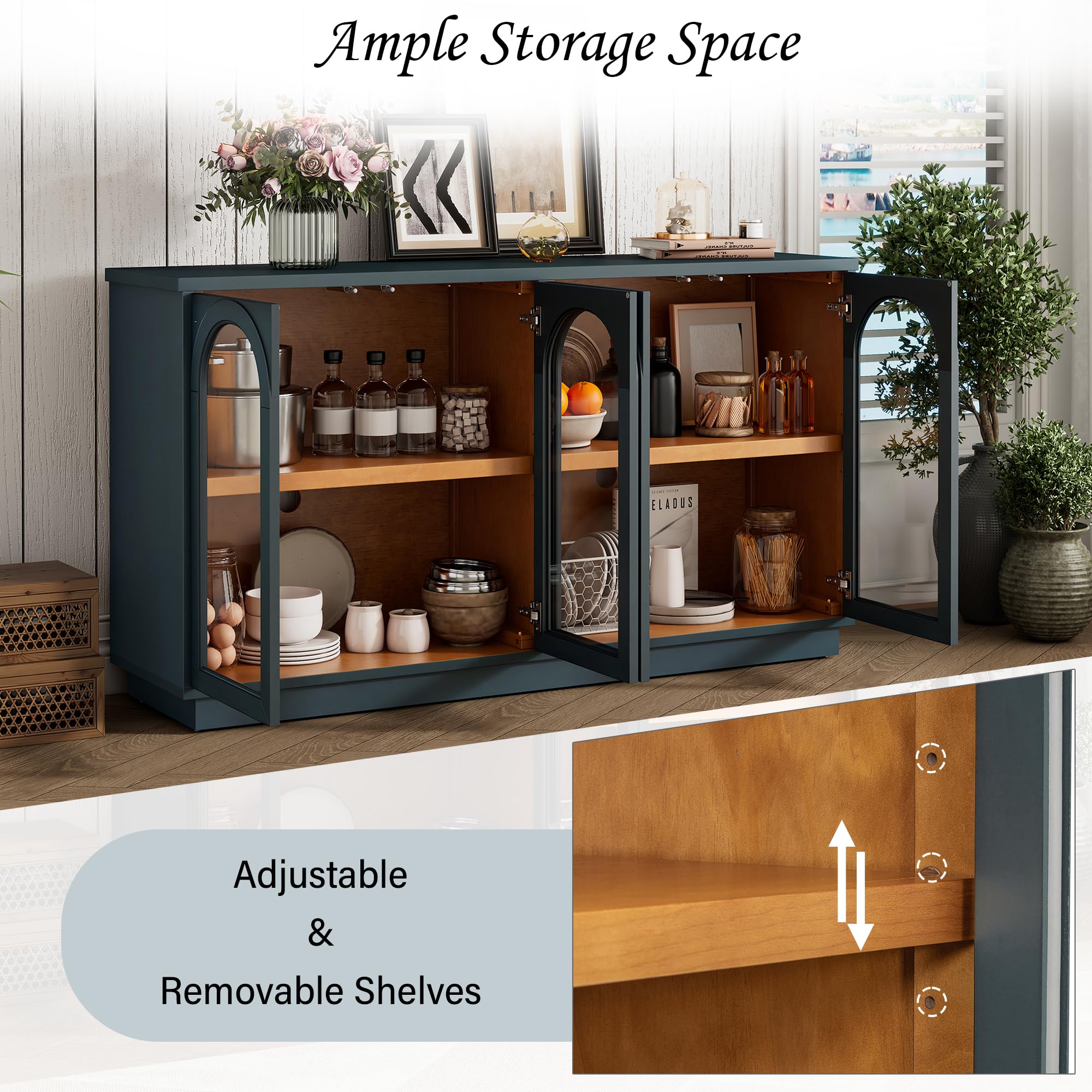 Merax 4-Door Large Storage Buffet Cabinet with Arched Glass Doors and Adjustable Shelves for Kitchen, Dining Room and Living Room