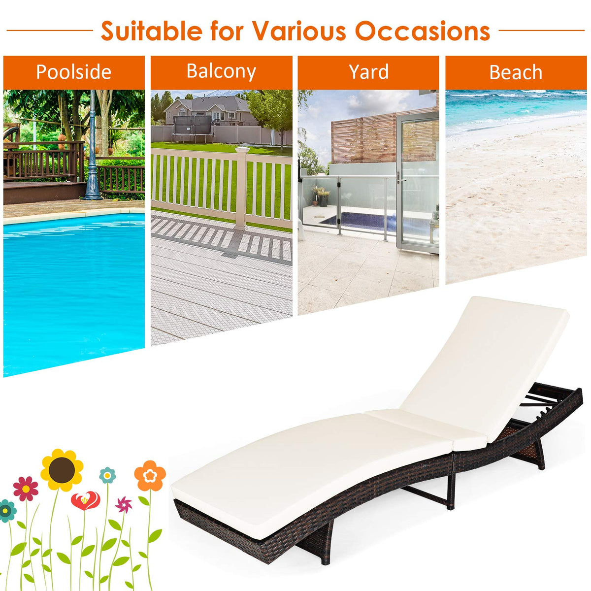 COSTWAY Patio PE Rattan Lounge Chairs, Folding Outdoor Chaise Lounge