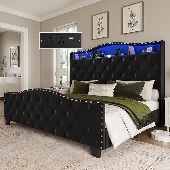 Velvet Wingback Bed Frame with LED Lights & Storage
