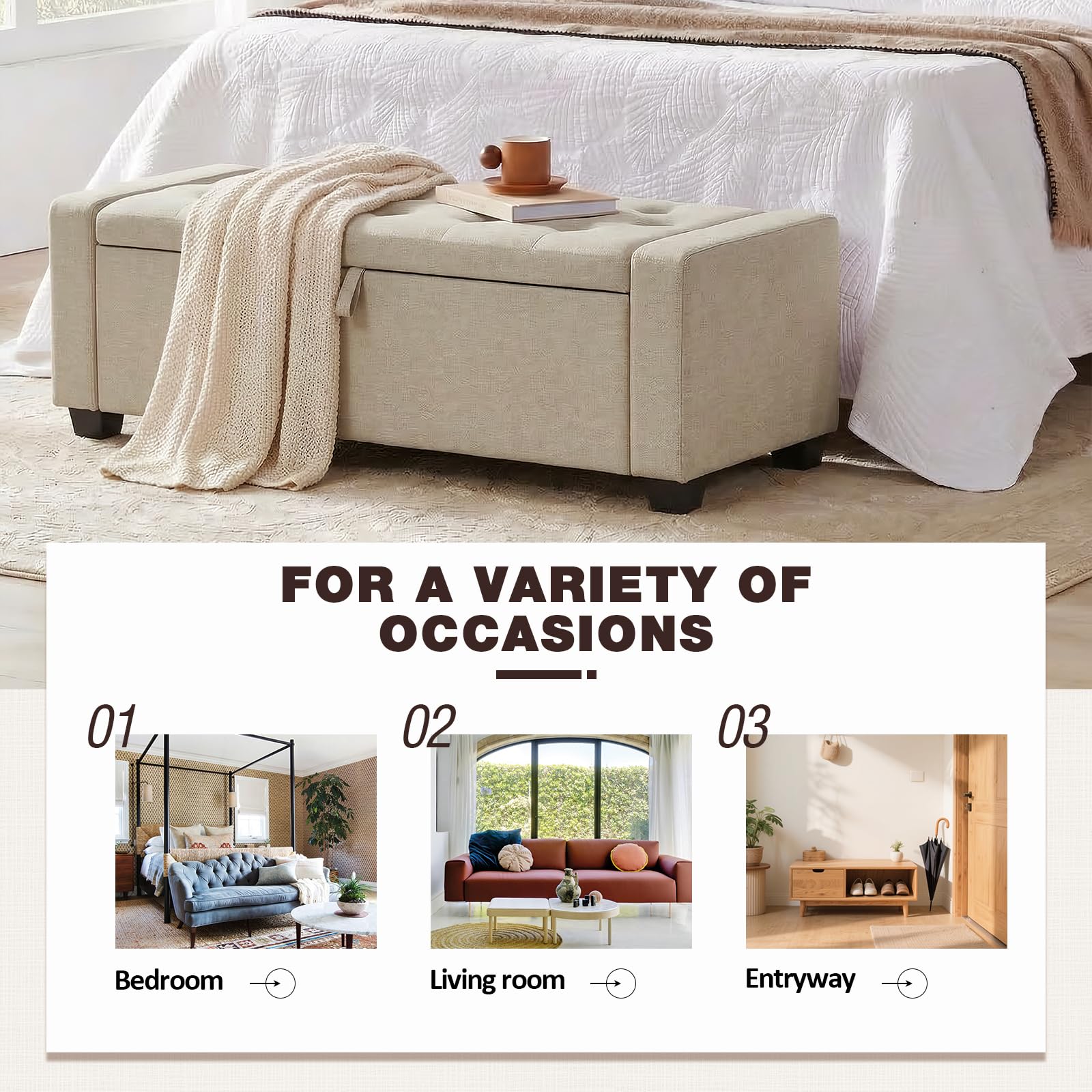 DUSACOM Storage Ottoman Bench, 50" End of Bed Bench with Legs,Storage Chest with Safety Hinge, Modern Entryway Benchs for Living Room, Bedroom, Entryway, Beige