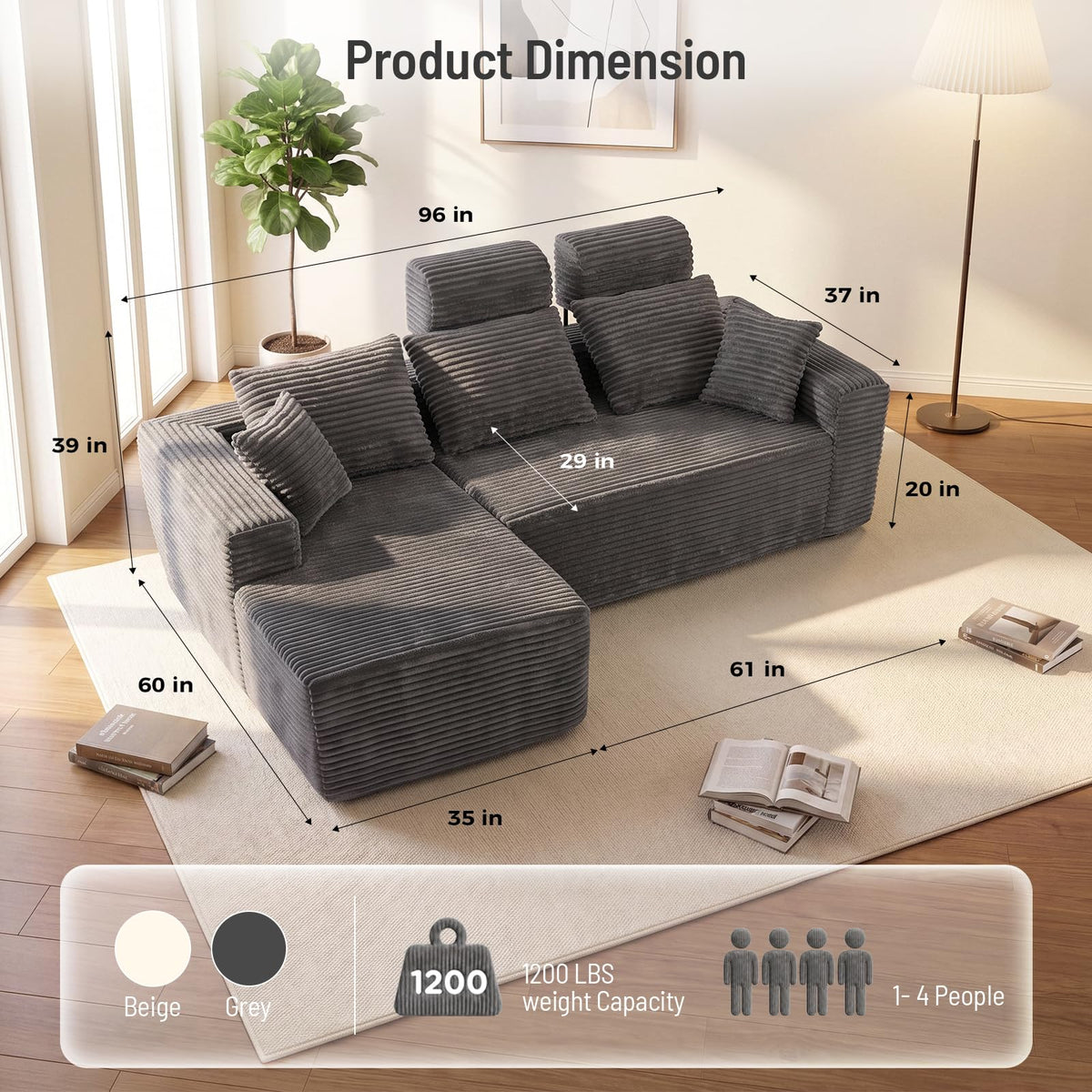 96" Boneless Couch, High Back Support L Shaped Oversized Living Room Sofa