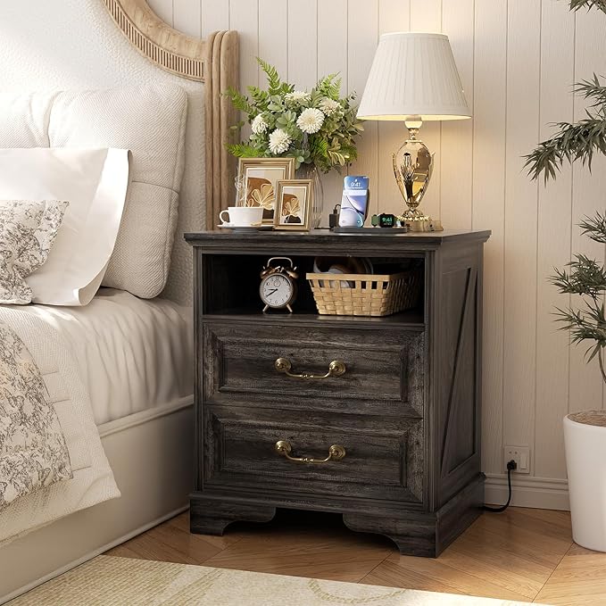 Farmhouse Nightstand with Charging Station