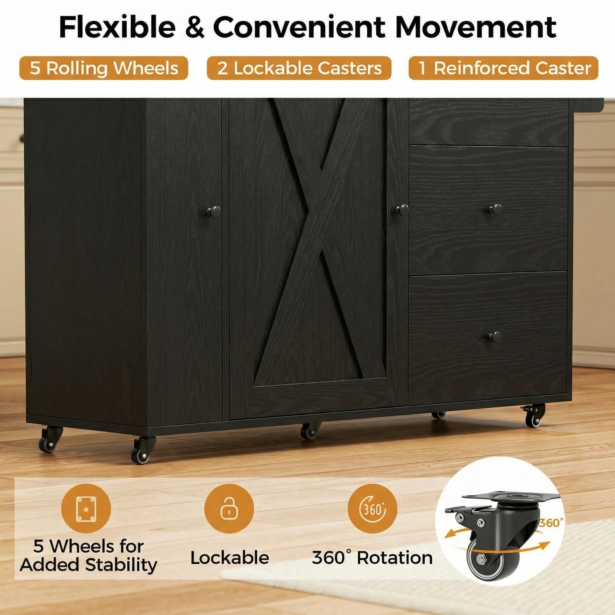 IRONCK Kitchen Island with Storage, 47.2in Rolling Island on Wheels, Kitchen Cart with Drop Leaf, 3 Spacious Drawers, Storage Cabinets and Towel Rack for Home, Dining Room