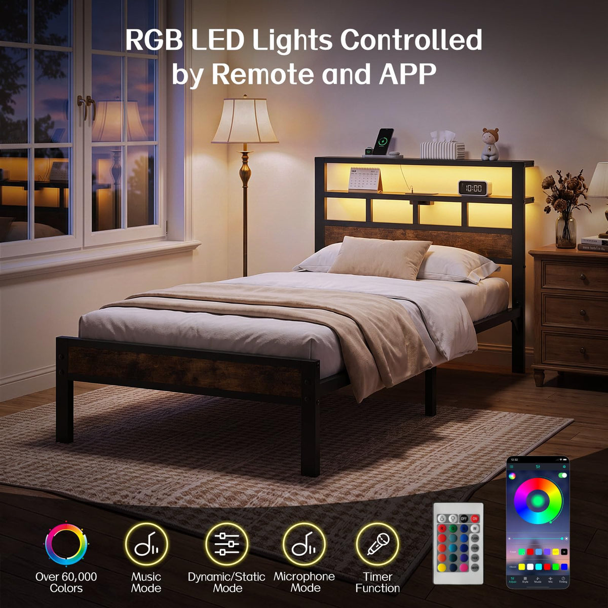 Insdiy Twin Bed Frame with Charging Station and LED, Metal Platform Bed