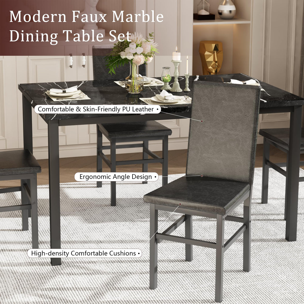 OFFWIN Dining Table Set for 4, 5-Piece Faux Marble Dining Set,4 Upholstered PU Chairs, Modern Kitchen Table Furniture for Dining Room,Compact Space-Saving Faux Marble Tabletop (Black + Black)