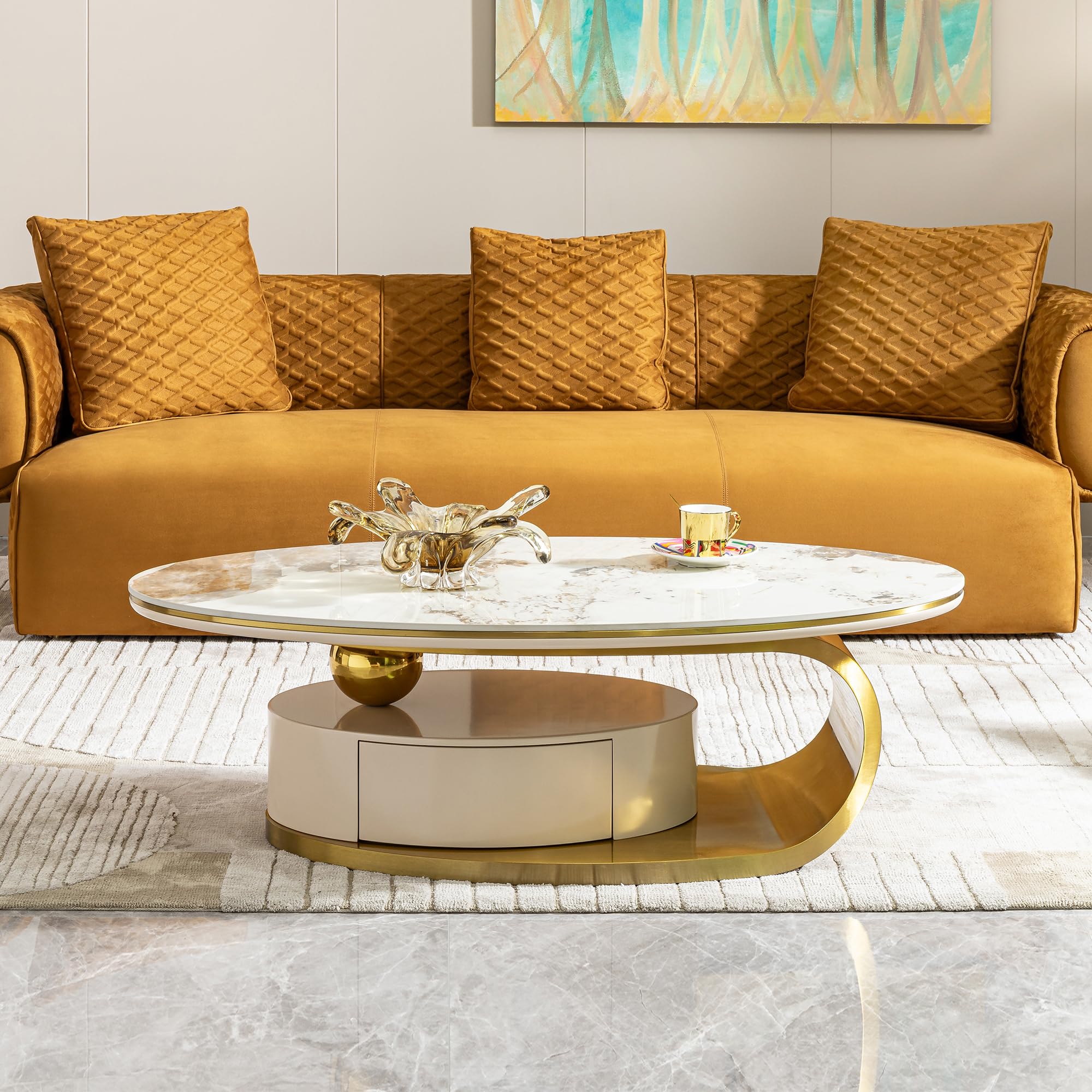 Oval Coffee Table with Faux Stone Top & Gold Steel Base